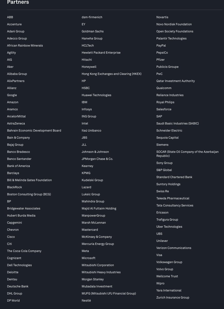 JordanSchachtel's tweet photo. Full list of the partners for the World Economic Forum's upcoming annual confab in Davos https://t.co/wbba8Wq9sI