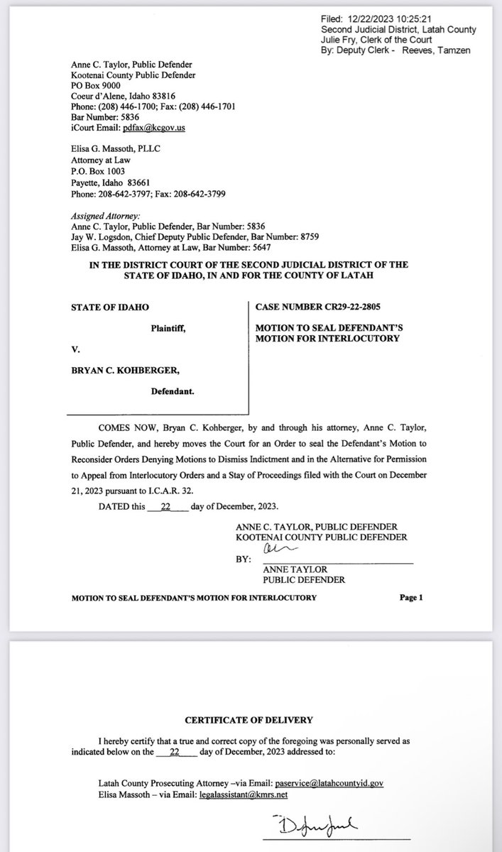 SleuthieGoosie's tweet image. #BryanKohberger has filed a sealed motion to reconsider orders denying motions to dismiss indictment or alternatively he requests permission to appeal from interlocutory orders &amp;amp; a stay of proceedings to do so.