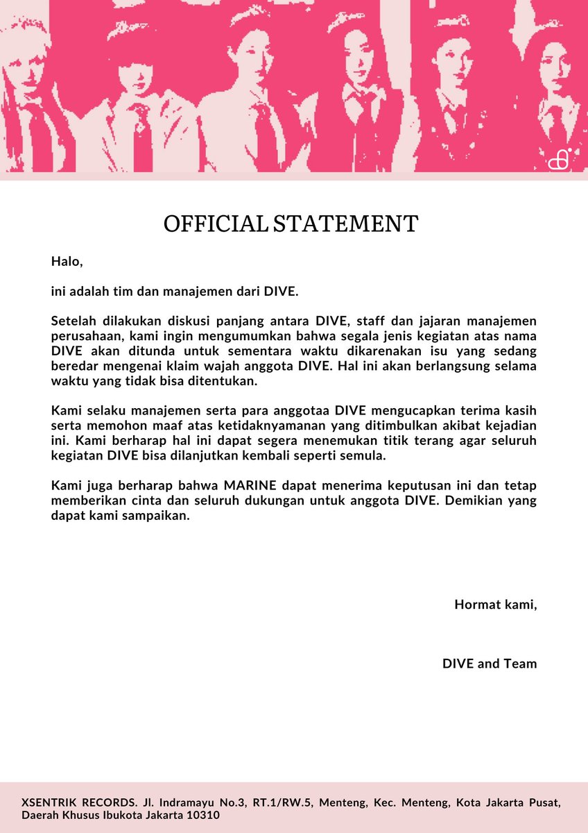 ㅤ
ㅤ
Halo, selamat pagi! Ini adalah XSENTRIK RECORDS. Dengan adanya cuitan ini, kami ingin mengumumkan pernyataan resmi terkait keberlangsungan seluruh kegiatan DIVE. Kami harap, MARINE dapat menerima dan memberikan dukungan untuk seluruh anggota.
ㅤㅤ
ㅤㅤ