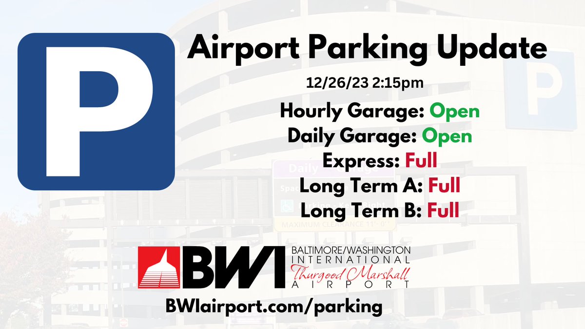 An updated look at airport parking availability for those traveling this afternoon.

See parking availability before leaving home at BWIairport.com/parking and on roadway signage. #MDOTdelivers #airports