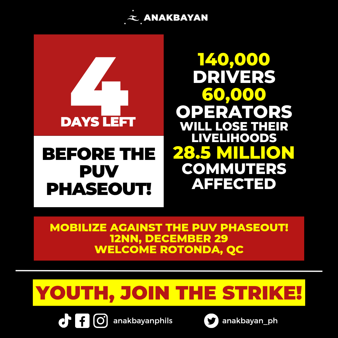 In four days, the Marcos-Duterte regime will dethrone the king of the road. As 70,000 PUVs are officially phased out, 200,000 drivers and operators will lose their livelihoods.

#NoToJeepneyPhaseout 
#NoToPUVPhaseout