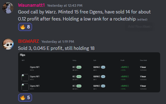 MobAlpha (@mobalphanft) on Twitter photo Some good plays from yesterday!
<a href="/DgensNFT/">Dgens - DO IT FOR THE CULTURE!</a> 3 Free Per Wallet --> 0.02 E
<a href="/SkeletonCrewLab/">Skeleton Crew Labs</a> 5 Free Per Wallet --> 0.012 E
Good calls from <a href="/bigwarzeth/">BIGWARZ</a>
Small profits add up ❤️♠️ Some good plays from yesterday!
<a href="/DgensNFT/">Dgens - DO IT FOR THE CULTURE!</a> 3 Free Per Wallet --> 0.02 E
<a href="/SkeletonCrewLab/">Skeleton Crew Labs</a> 5 Free Per Wallet --> 0.012 E
Good calls from <a href="/bigwarzeth/">BIGWARZ</a>
Small profits add up ❤️♠️
