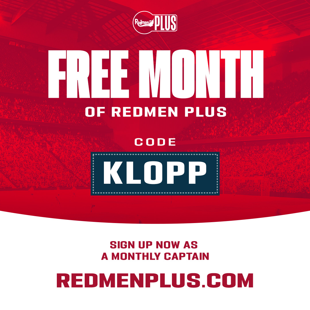 I got left in charge and The Reds won so I've decided to give Redmen Plus subscriptions away for free! 1️⃣Go to RedmenPlus.com 2️⃣ Join as a Monthly Captain 3️⃣ Use Promo code KLOPP when you join and you'll get the first month for free! Up the Top of the League Reds!…