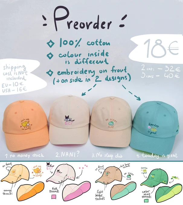 GUYS guys I'm so excited, received photos of my very first cap designs 🥹 They aren't all ready yet, but if anyone is interested in preorder, hit my DM. Shipping of these will take place February-March 2024 I hope🥹 