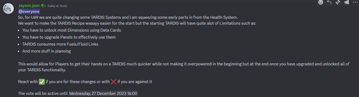 Poll about changing the TARDIS systems for Dalek Mod Update 69 in our Discord: discord.com/invite/hEasQSE…
#doctorwho #minecraft