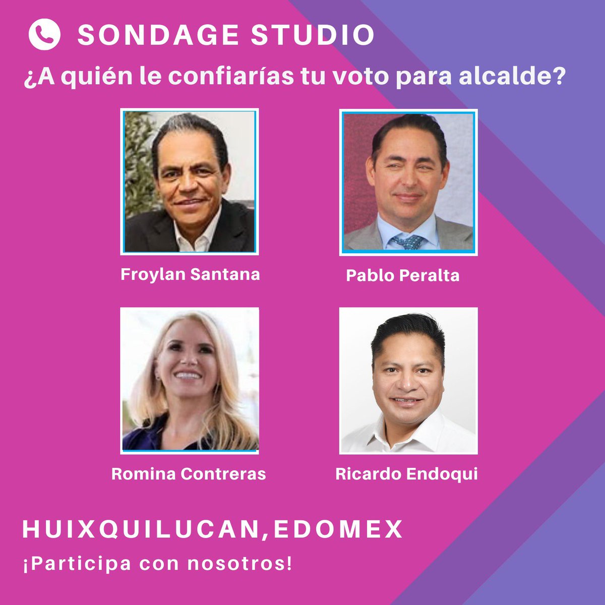Y en #Huixquilucan 🧲 ¿a quien le confiarías tu voto? 🔮

¡Vota ya! 😱

<a href="/froylansantana/">Froylan Santana Gil</a> 
<a href="/pabloperaltag/">Pablo Peralta</a> 
<a href="/RominaCDV/">Romina Contreras</a> 
<a href="/endoquiric02/">Ricardo Endoqui Encampira</a> 

survio.com/survey/d/M7V9J…