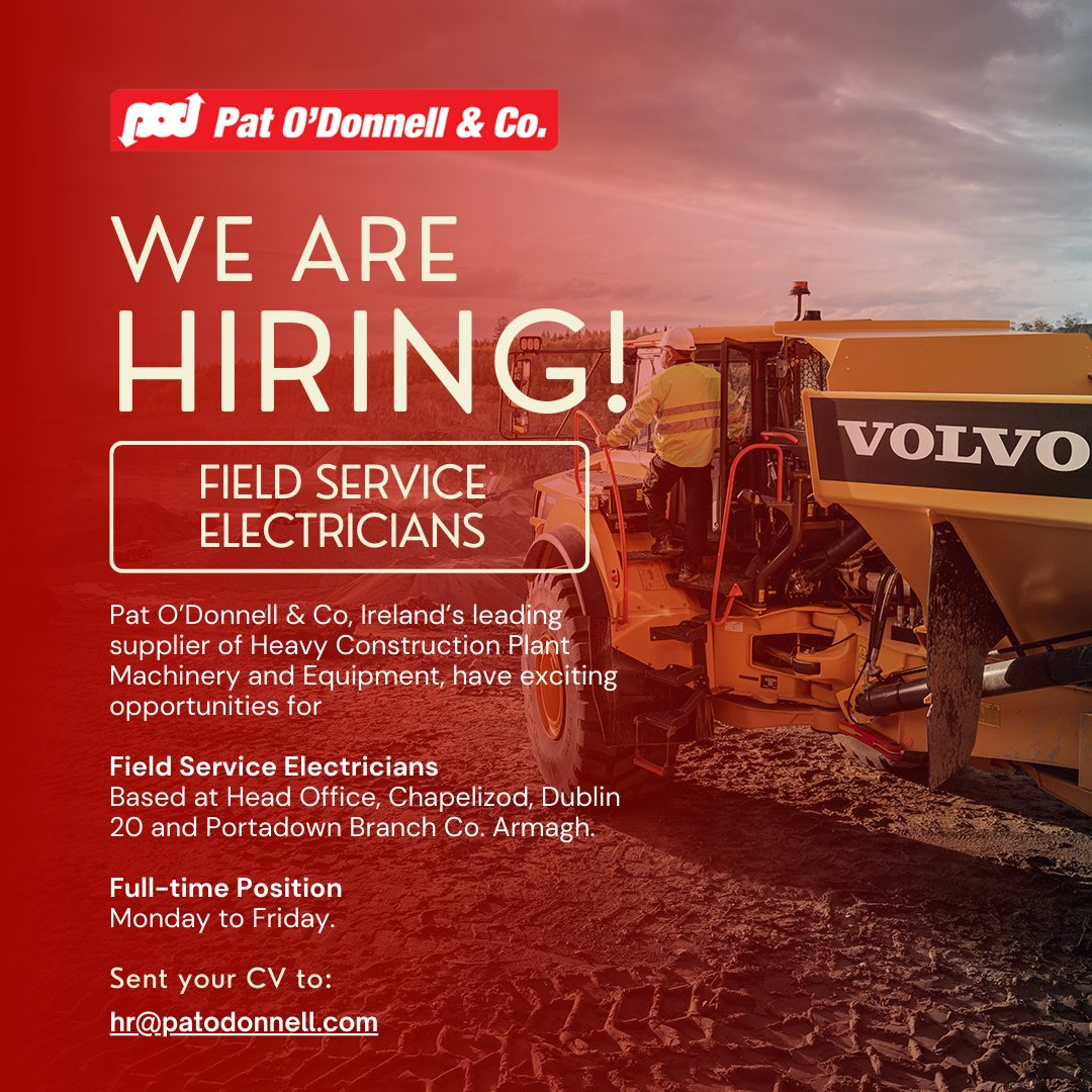 Pat O’Donnell & Co, have exciting opportunities for Field Service Electricians based at Head Office, Chapelizod, Dublin 20 and Portadown Branch Co. Armagh.

Email your Cover letter & CV to hr@patodonnell.com

#jobvacancy #jobfairy #jobopportunity #hiring #hiringdublin #dublinjobs