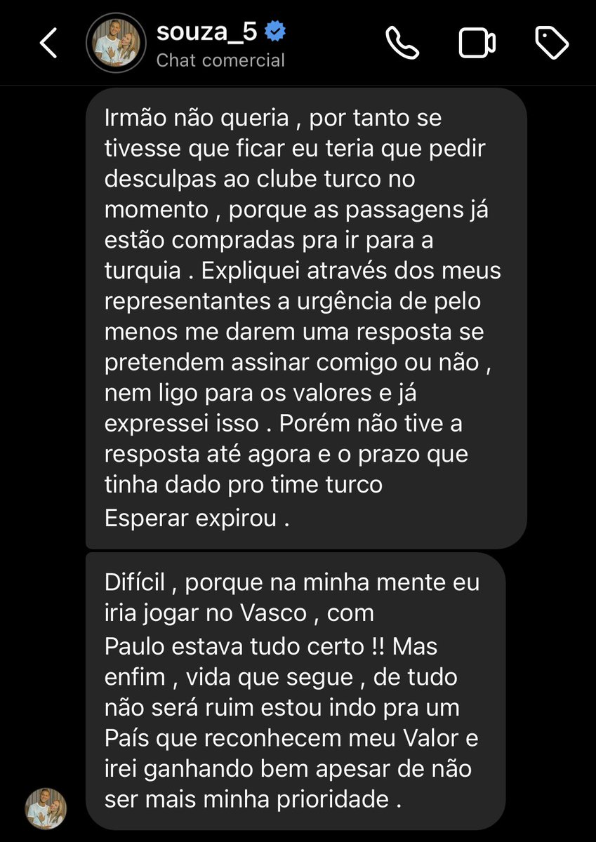 leomadeincolina's tweet photo. Eu já tinha conversado com Souza e Sabia que ele não viria… Mas por ética esperei passar dia 25 que era data limite.

Ele esperou o máximo que deu, mas o Vasco não procurou. Ele disse diversas vezes que queria jogar no Vasco, queria ajudar.

Mas o Vasco não procurou o jogador. https://t.co/1qD0uSmtl8