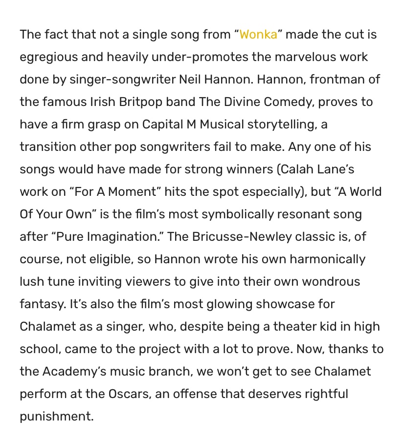 Goddamn right “this is not only one of the best songs not included in the shortlist but one of the best on-screen songs of the year.” #Wonka #WonkaMovie #neilhannon