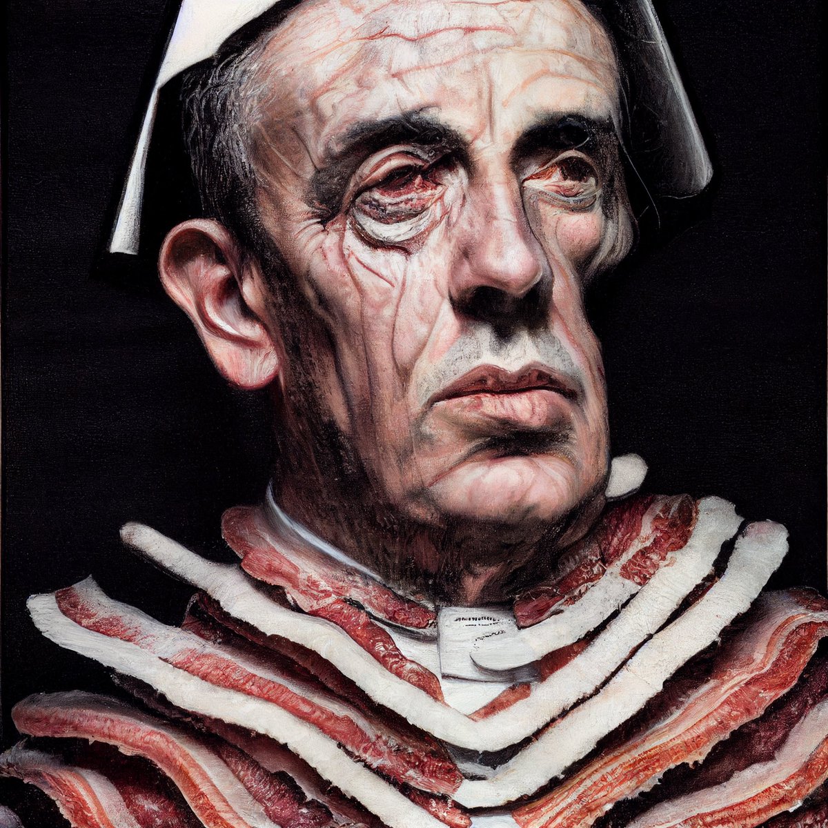 M4RC3L_DCHMP's tweet image. Portrait of Pope Innocent X dressed in bacon.

First image: #MidjourneyV6
Second image: Midjourney test mode

…Wait! Did i just bring back #baconWave?