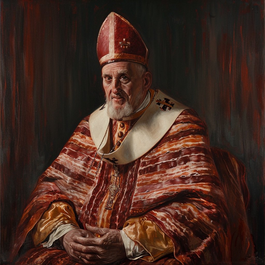 M4RC3L_DCHMP's tweet image. Portrait of Pope Innocent X dressed in bacon.

First image: #MidjourneyV6
Second image: Midjourney test mode

…Wait! Did i just bring back #baconWave?