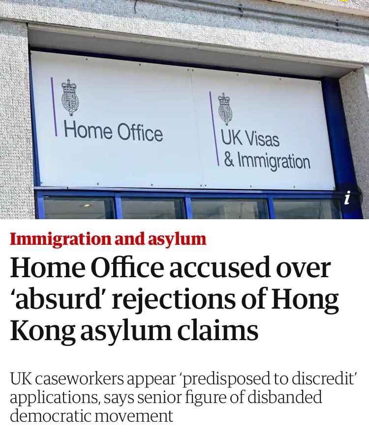 Three recent rejections of #HongKongers’ asylum applications suggest the UK government is “predisposed to discredit” HKers’ asylum claims. The rejection notices were riddled with outright errors & showed a shocking misunderstanding of the situation in HK. amp.theguardian.com/uk-news/2023/d…