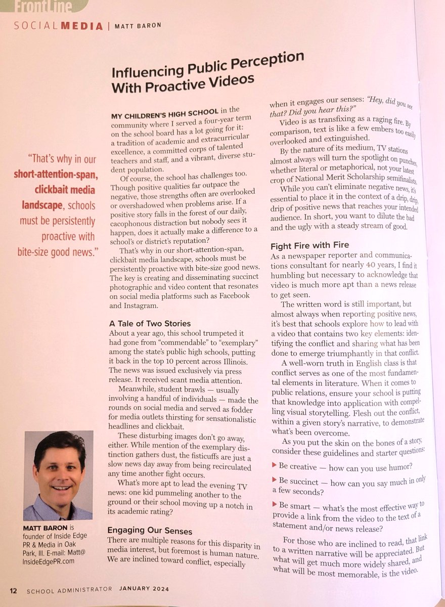 The January 2024 issue of @AASAHQ's magazine, School Administrator, includes my column, 'Influencing Public Perception With Proactive Videos.'
[In our short-attention-span, clickbait media landscape, schools must be persistently proactive with bite-size good news.]
#AASAMag