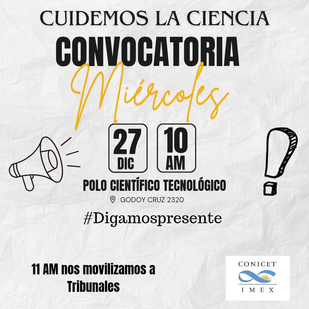 imex_conicetanm's tweet photo. Trabajadores de Institutos de CONICET estamos preocupados por versiones extraoficiales difundidas respecto al recorte y congelamiento presupuestario de la institución que nos nuclea. En relación a esto, nos unimos a la convocatoria al Polo Científico.
#digamospresente
#CONICET https://t.co/O9mAxIGUJA