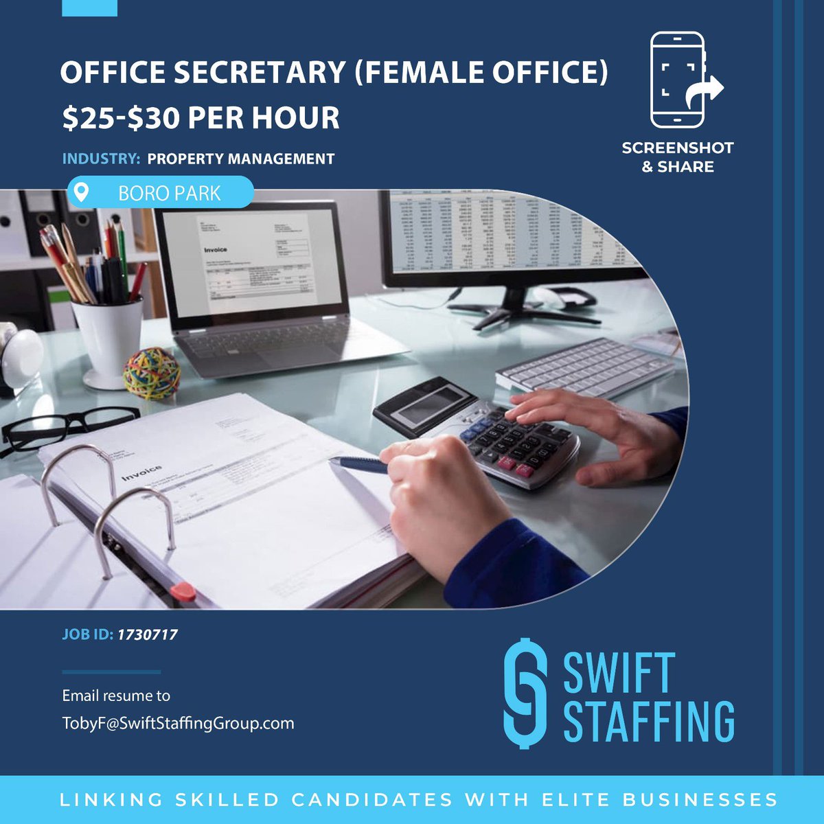 swiftstaffing_'s tweet image. Office Secretary (Female) needed in Boro Park! 🏢💼 Part-time role, $25-$30 per hour. Responsibilities include lease management. To apply, send your resume to TobyF@SwiftStaffingGroup.com with subject &quot;Office Secretary - Boro Park,&quot; Job ID 1730717. Referral bonus available! 💰