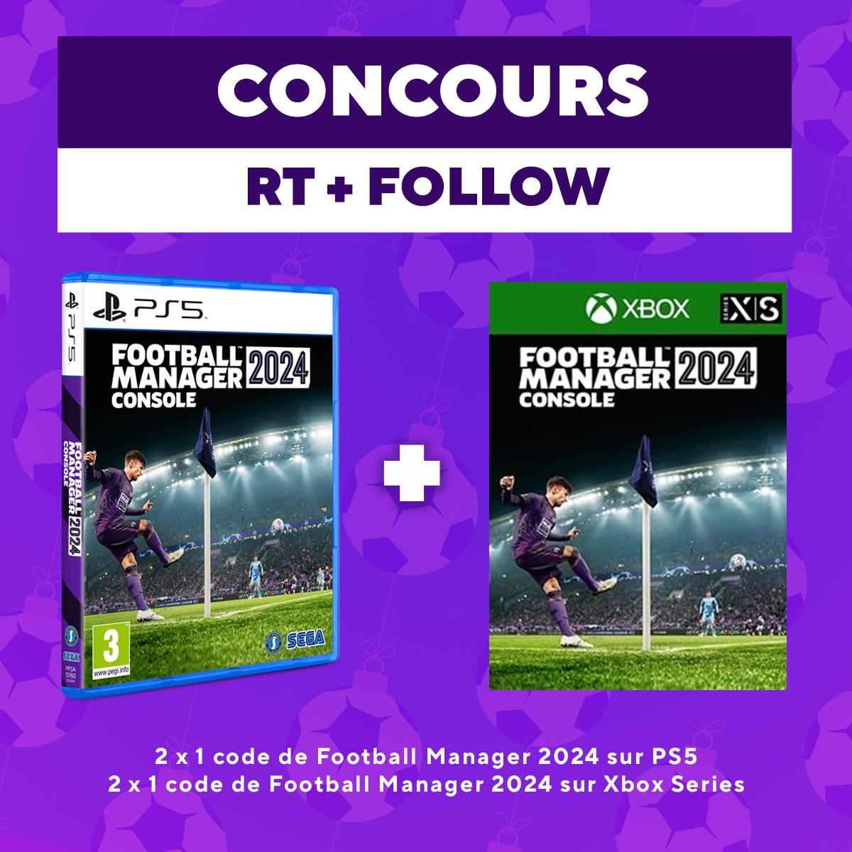 Gameblog's tweet photo. #CONCOURS 🎁
Tentez de remporter 2 codes PS5 et 2 codes Xbox Series de Football Manager 24. ⚽ Pour participer :

➡ RT + Follow @Gameblog 
➡ Dites-nous en commentaire sur quelle plateforme vous voulez le jeu

Les 4 gagnants seront annoncés le 6 janvier 2024. Bonne chance à tous ☘