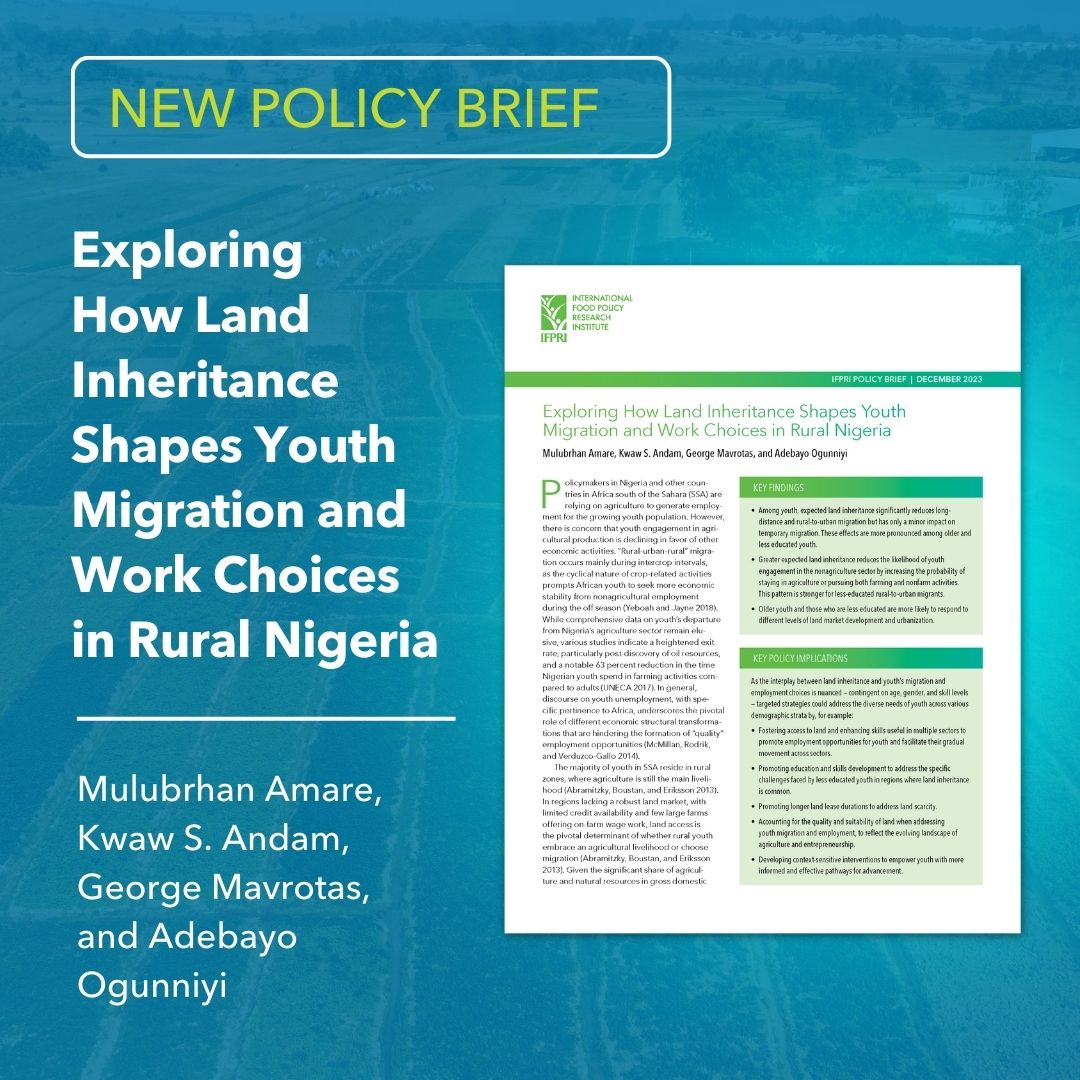Policymakers in #Nigeria and other countries in Africa south of the Sahara (SSA) are relying on agriculture to generate employment for the growing youth population. How does land inheritance affect their likelihood to work in agriculture?
doi.org/10.2499/978089…
<a href="/CGIAR/">CGIAR</a>