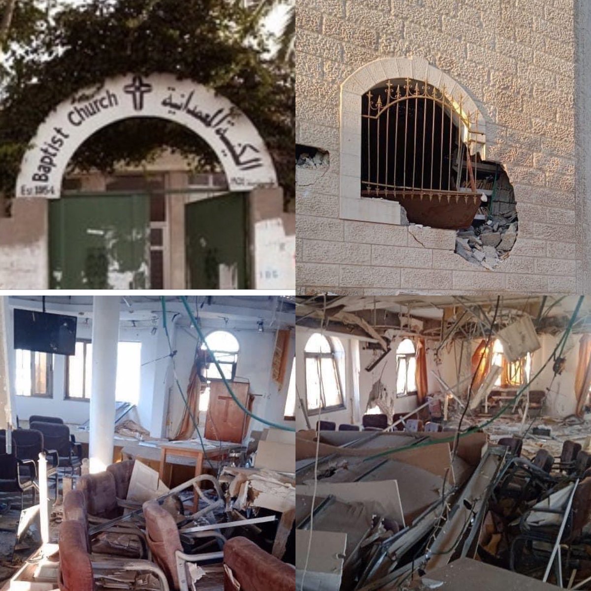 RahebM's tweet photo. Israel’s Christmas present to the tiny Baptist church in Gaza on the second Christmas Day is a tank shell that penetrated the building and damaged and destroyed the interior. https://t.co/wY6lmUhLQK