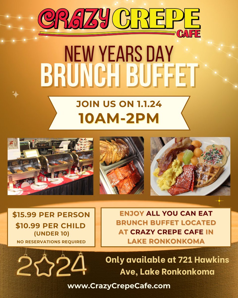 🥂 Join us on New Year's Day for an unforgettable brunch buffet at Crazy Crepe Cafe in Lake Ronkonkoma! 🥞✨

Our all-you-can-eat brunch buffet awaits! Don't miss out on this delicious celebration! 🎉🍴 #CrazyCrepeBuffet #NewYear #LakeRonkonkoma #allyoucaneat #brunchbuffet