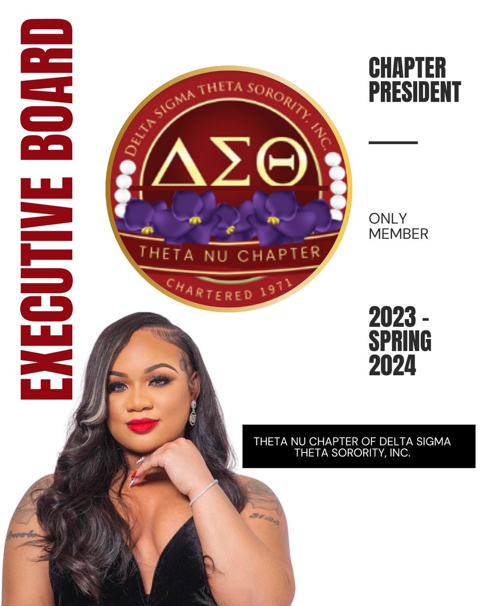 Introducing the 2023 - Spring 2024 Executive Board &amp; Member ❤️

Aniecia Browning, our very own Southwest Regional Representative &amp; Chapter President of The Theta Nu Chapter of Delta Sigma Theta Sorority, Inc!

Welcome our Executive Board &amp; Member for 2023 - Spring 2024 🔺