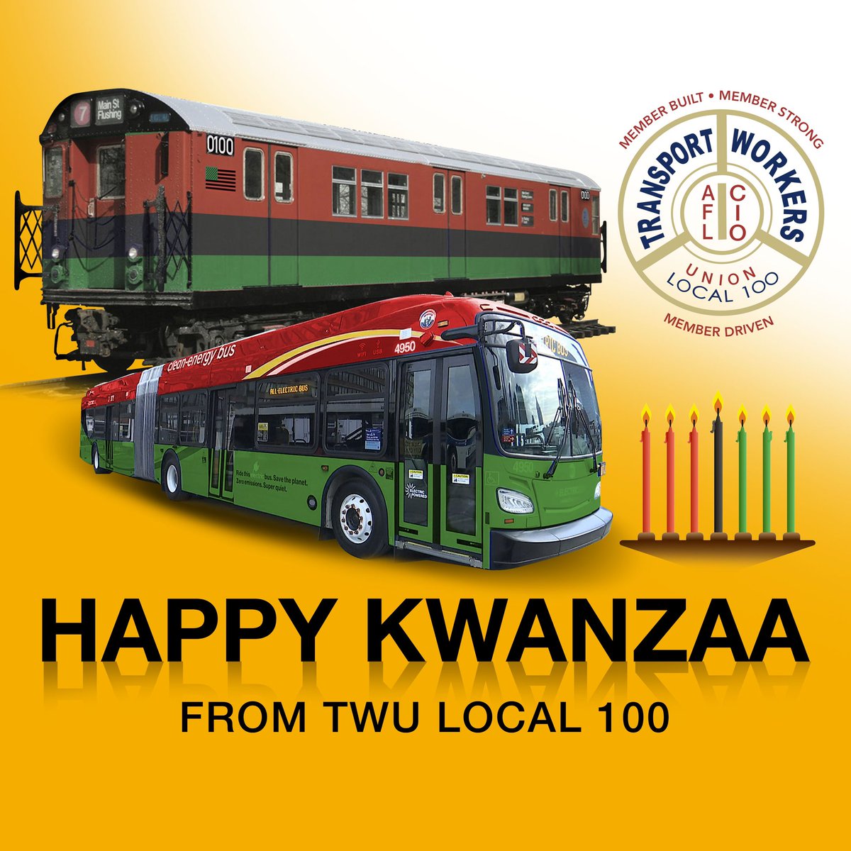 TWULocal100's tweet photo. Celebrating the fruits of our harvest while looking back at our roots. TWU Local 100 wishes all a joyous Kwanzaa #memberbuilt #memberstrong #memberdriven #wemoveny https://t.co/e9kA5ZvGrw