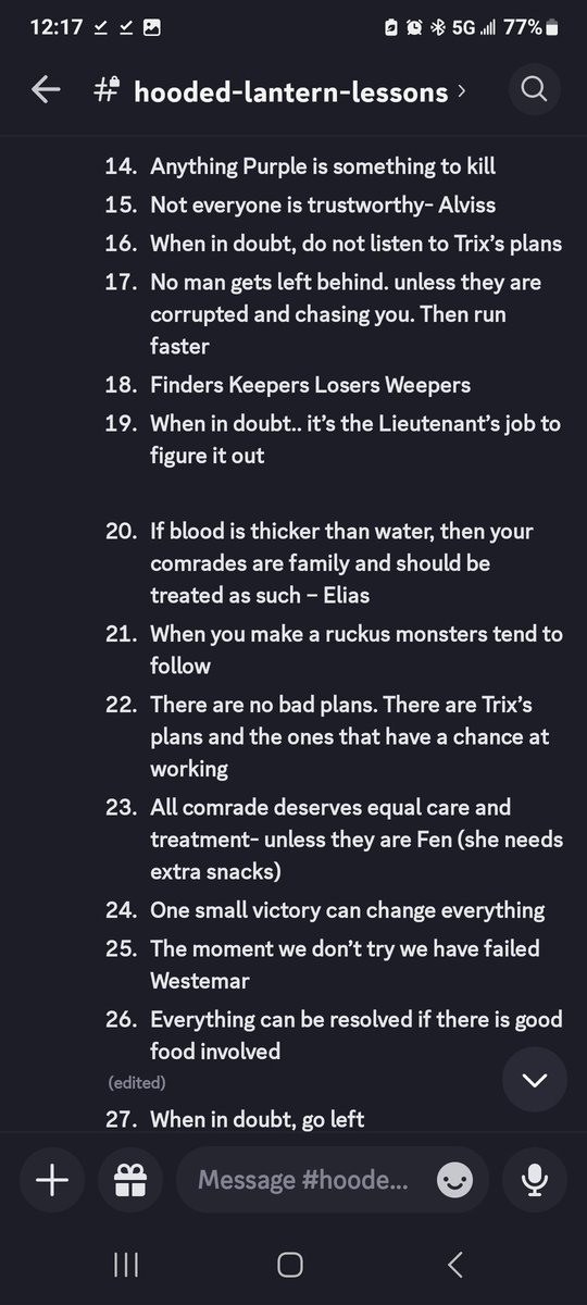WingleTheWizard's tweet photo. @dungeon_dudes I took a note out of Wilhelm's book and wrote *the rules of the Hooded lanterns* first 8 are actual rules and the rest are ones we have learned on the fly! Hope you like them XD https://t.co/YmOq5b3gGk