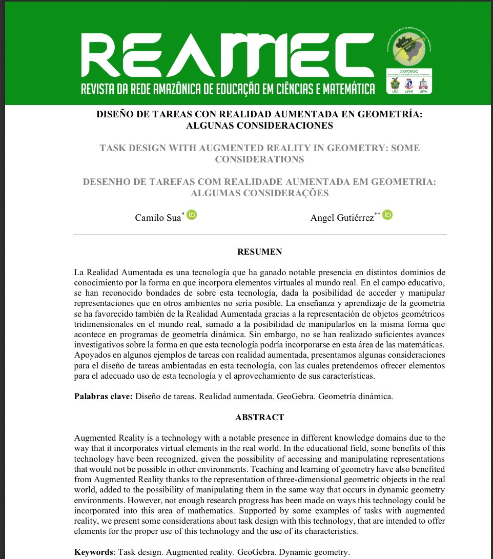 📲 Diseño de tareas con realidad aumentada en geometría: algunas consideraciones (Task design with augmented reality in geometry: some considerations) 

🔘 periodicoscientificos.ufmt.br/ojs/index.php/…

#AprendiendoGeoGebra #GeoGebraBogota #GeoGebra @GeoGebra