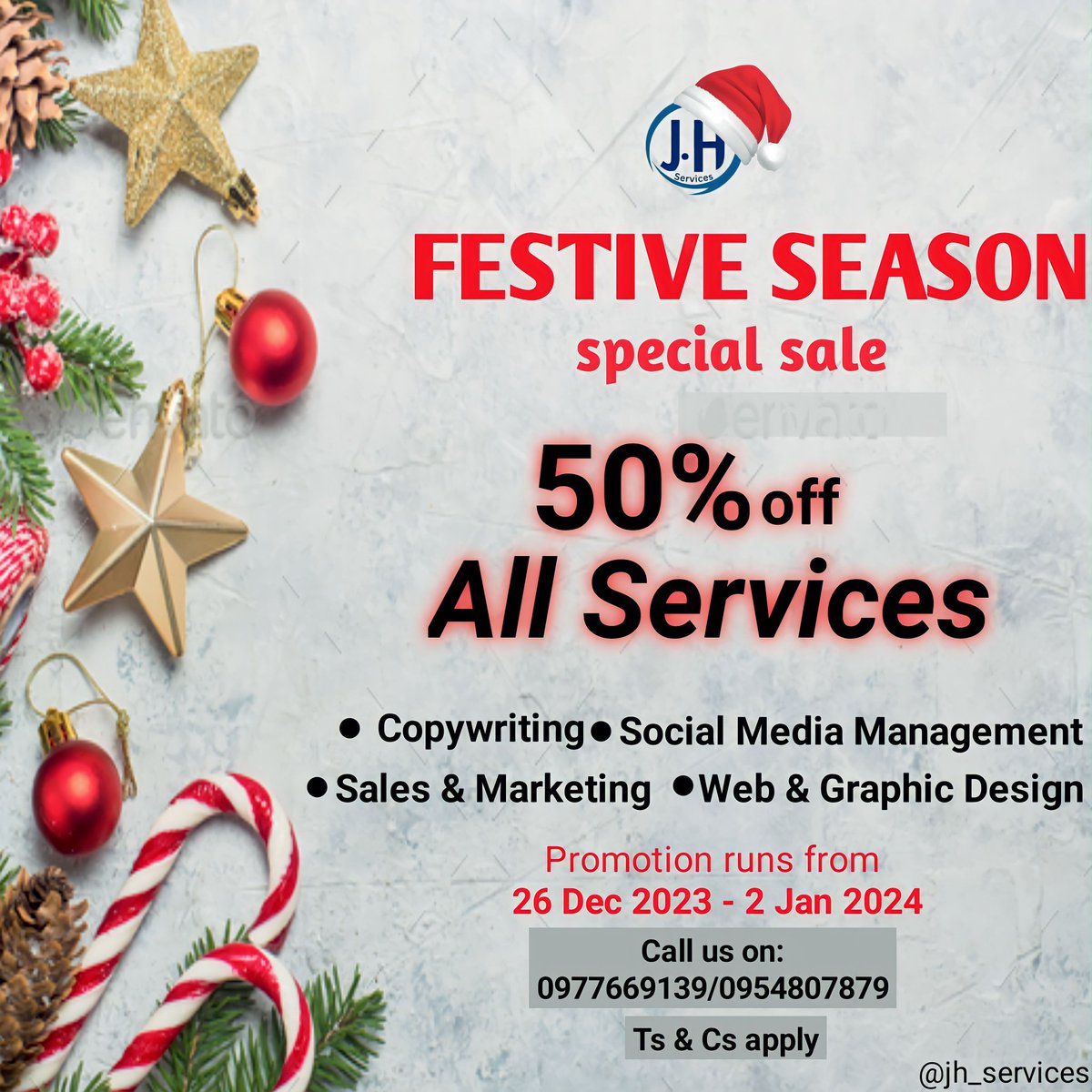 "Unwrap the Joy of Savings! 🎁✨ Enjoy a festive season treat with 50% off on all our services. 'Tis the season to indulge in amazing deals! 🌟 #FestiveSavings #SpecialSale"