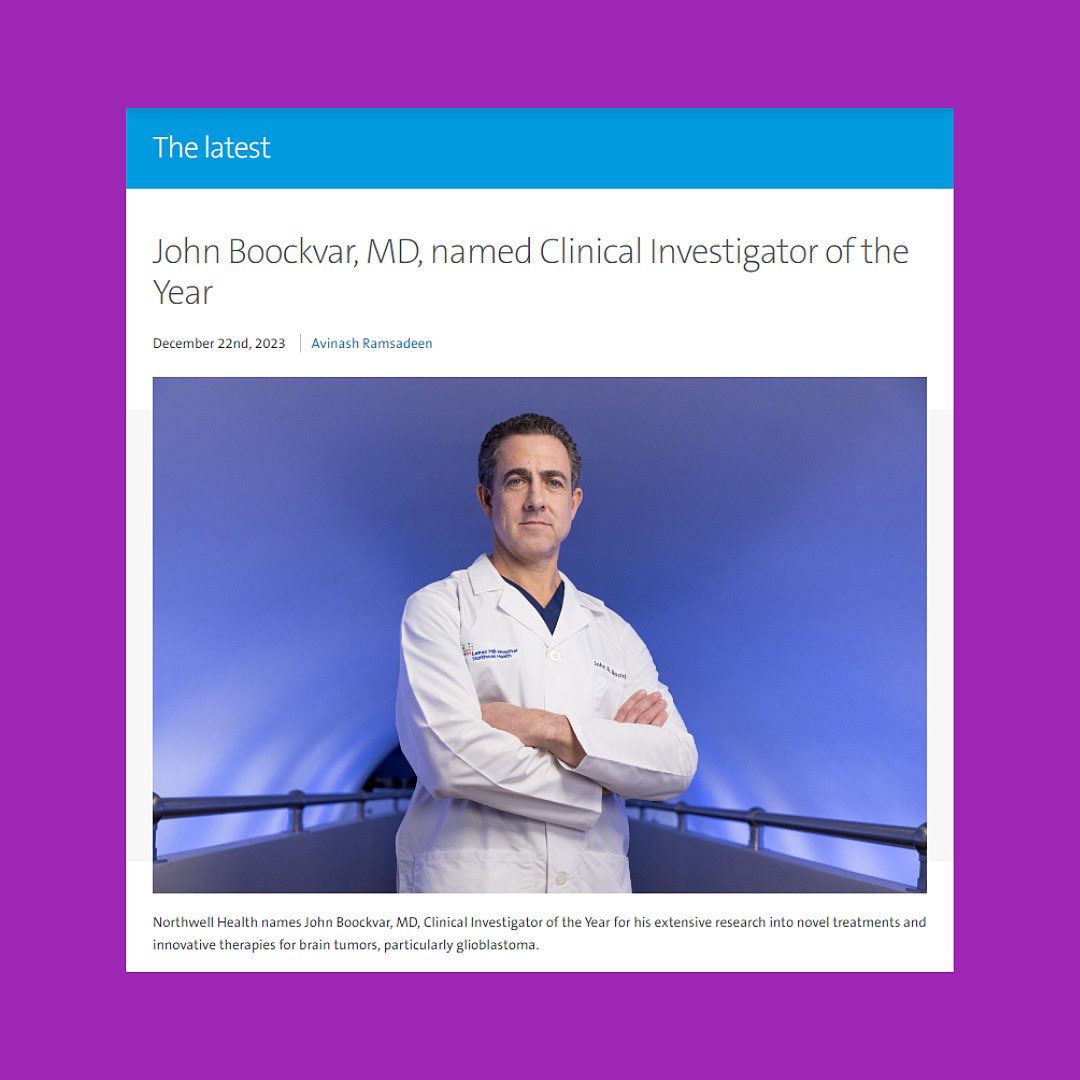 Congratulations to Dr. @johnboockvar for being named @NorthwellHealth Clinical Investigator of the Year! Click the link in our bio to read the full press release detailing Dr. Boockvar’s ground breaking research into novel treatments for brain tumors like glioblastoma. 🧠🔬🌀💜