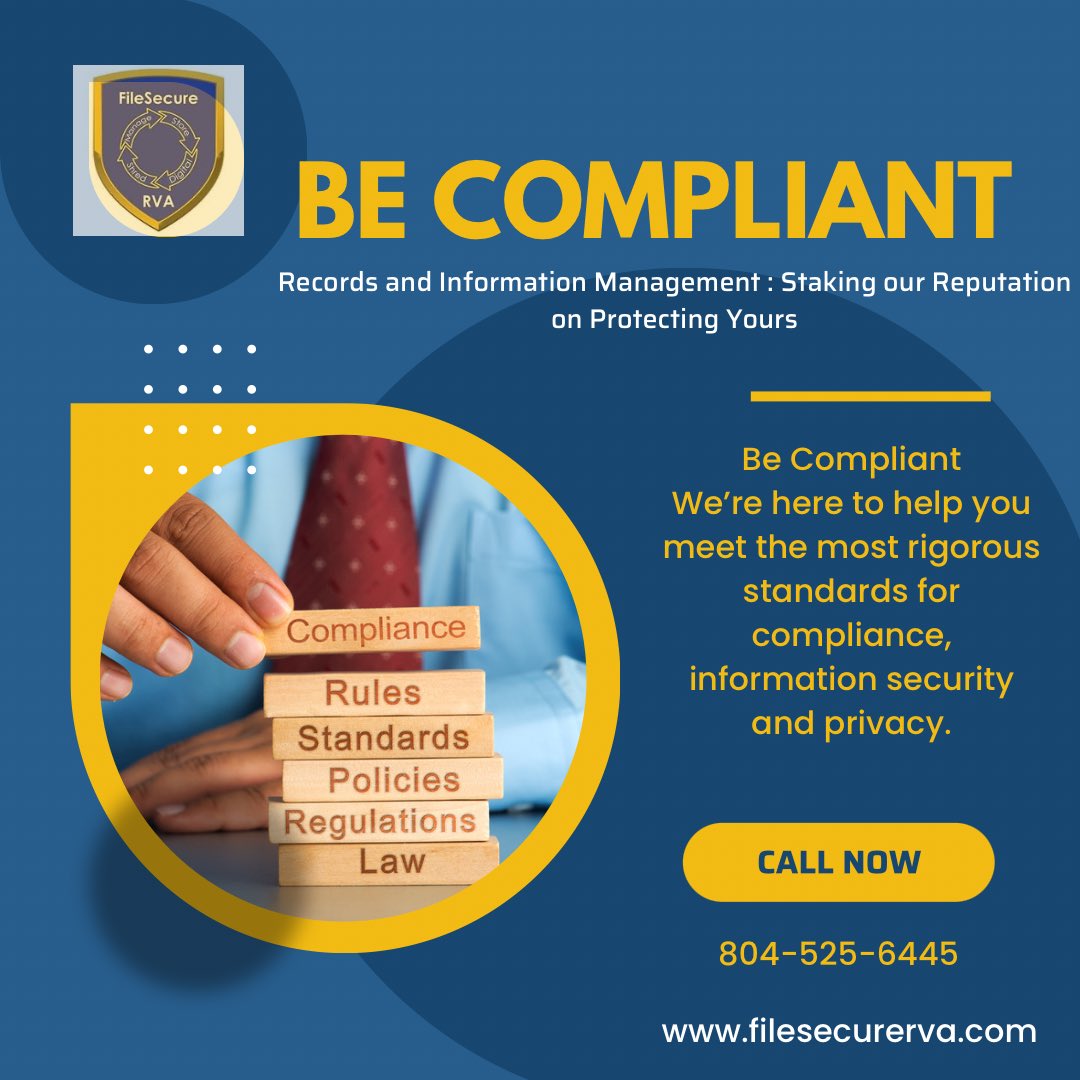 Be Compliant.
We’re here to help you meet the most rigorous standards for compliance, information security and privacy.

#rvabusiness #documentstorage
#locallyownedandoperated
#supportlocal #documentmanagment #recordsmanagment
#richmondva #identitytheftprotection #legaldocuments