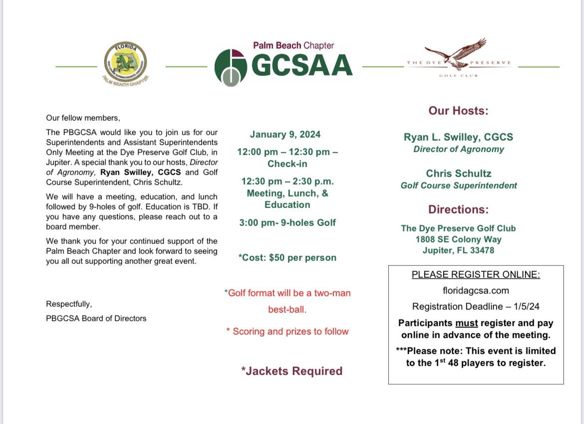 Registration is open for our Superintendent’s and Assistant Superintendent’s Only Meeting at Dye Preserve on Tuesday, January 9th. The meeting is limited to the 1st 48 to register. Please register here. 

shorturl.at/gH068
