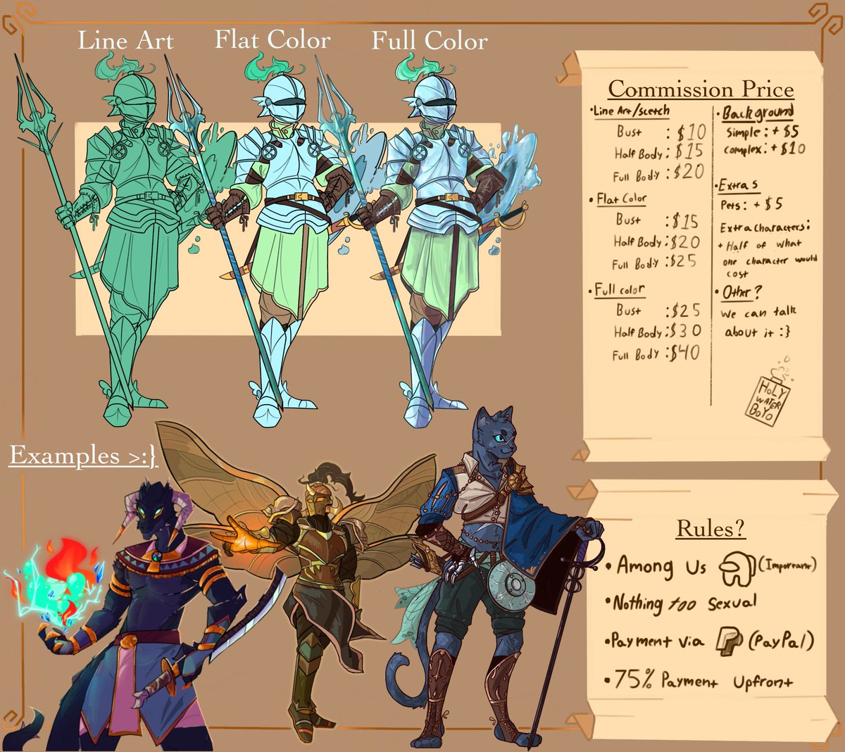 HolyWaterBoyo's tweet image. Finally made an official commission sheet! I promise I can draw humans as well.