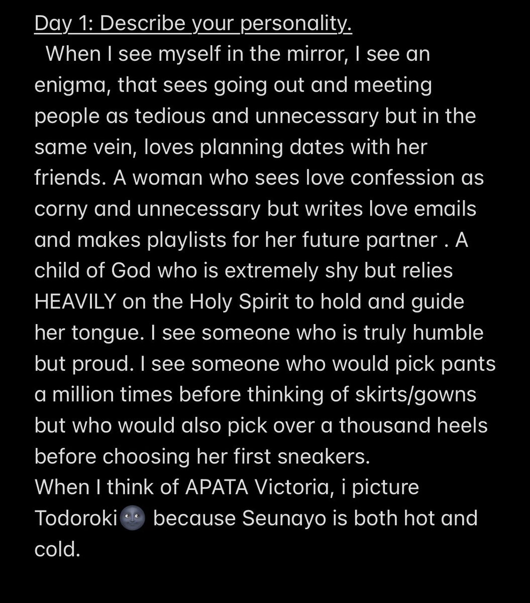 Ayo_funmii's tweet image. So seven days ago, I started my #30dayswritingchallenge and I’ve been posting on both my WhatsApp status and also IG but not here(I don’t know why) but this is a thread of all the prompts till now🫶🏽
Day one: