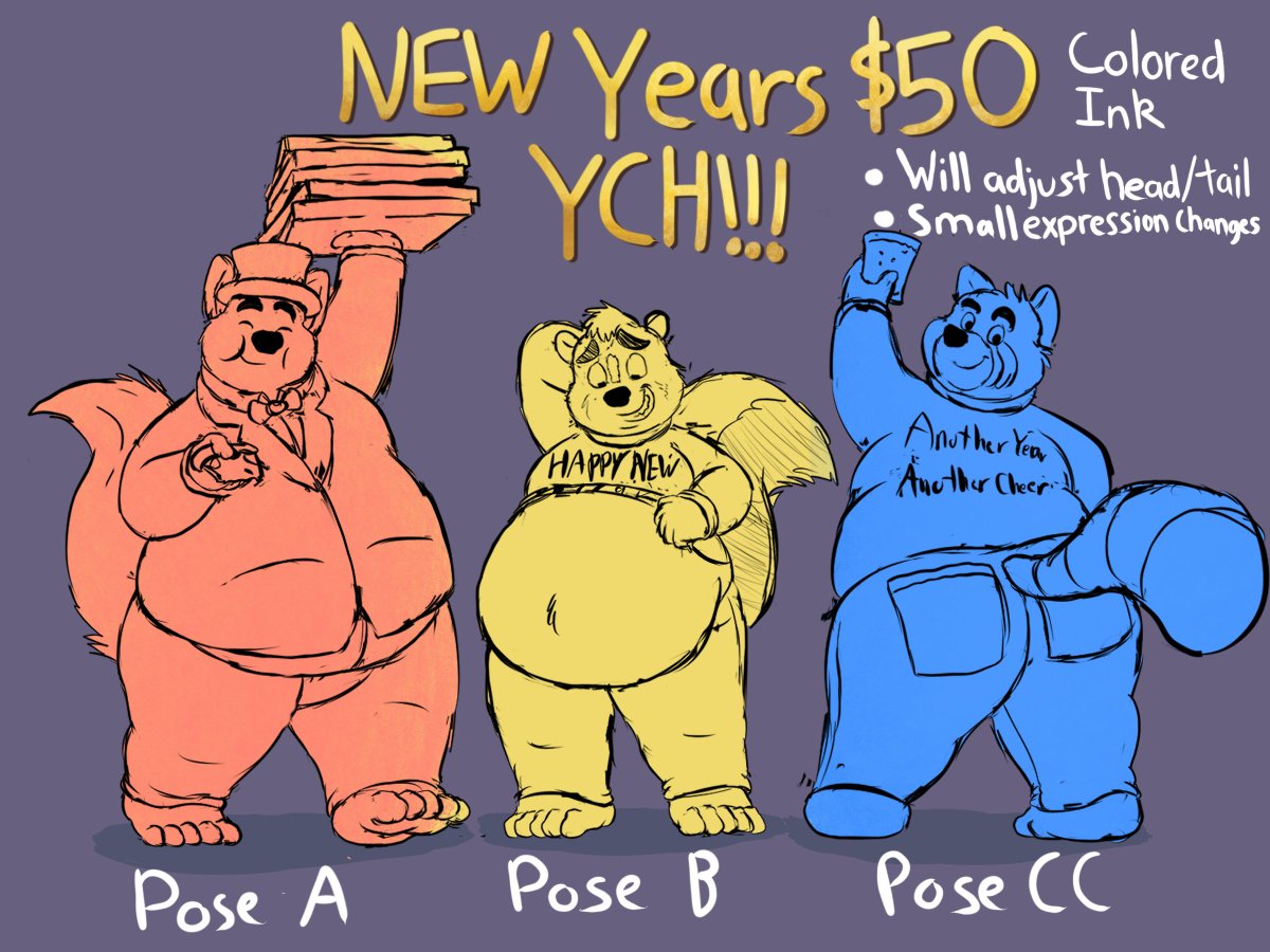 NEW YEARS YCH !!! Pick a pose ya want, and DM me with refs if you're interested! Will be Ink-Lineart and colored; examples in replies It is a multi-slot YCH; will take up to 10 slots. Read ToS First Thanks and have a great rest of your day! ToS- docs.google.com/document/d/1T9…