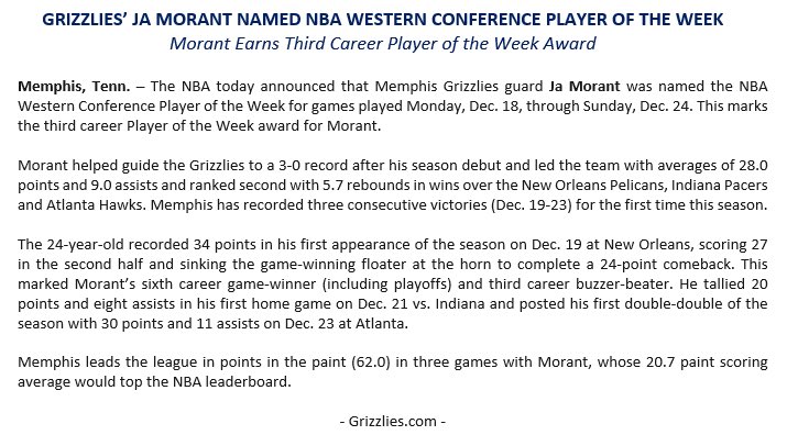 The NBA today announced <a href="/memgrizz/">Memphis Grizzlies</a> Ja Morant has been named NBA Western Conference Player of the Week.
