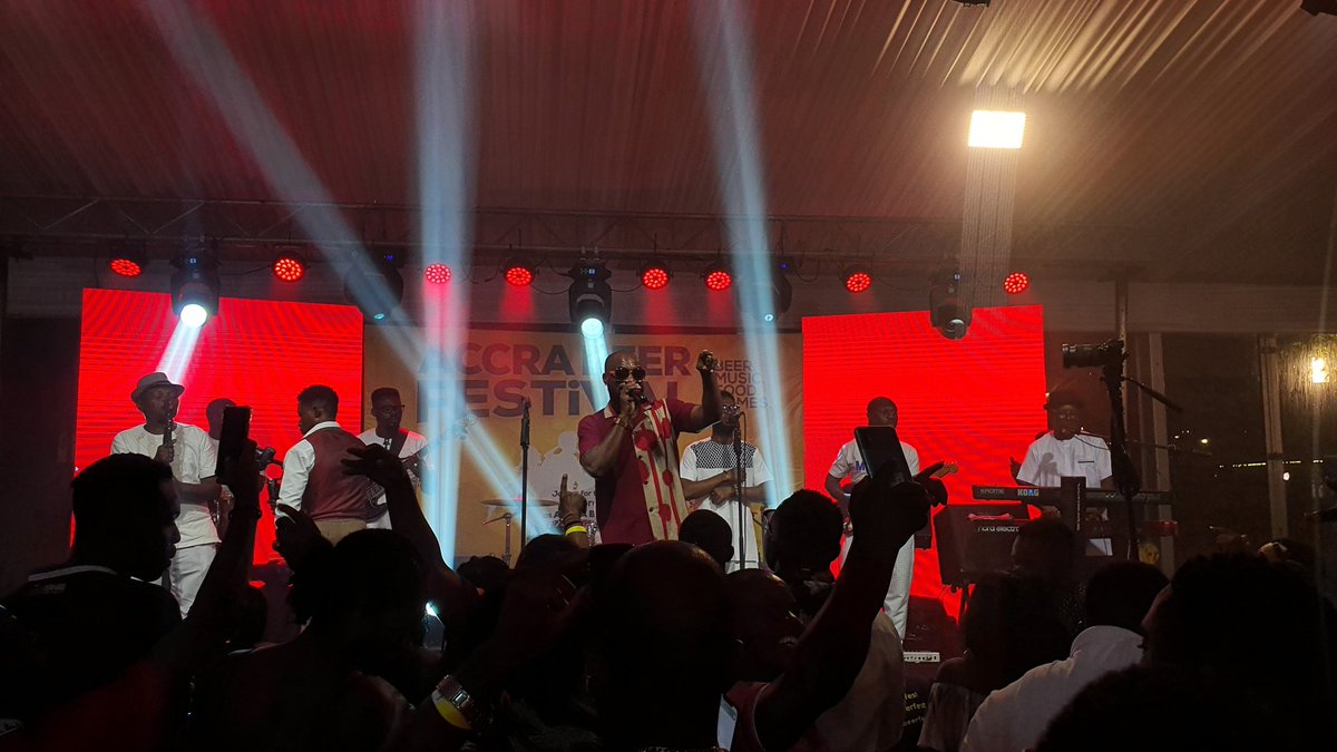 Photos of Kwabena Kwabena performing at the #AccraBeerFestival. The man on the keyboard is Bessa Simons.