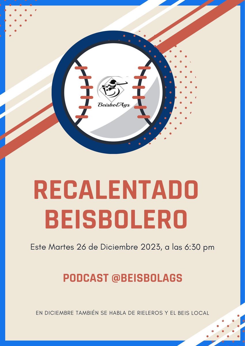 BeisbolAgs's tweet photo. Recalentado beisbolero, porque en diciembre también se habla de @RielerosDeAgs y el béisbol local, les traemos el podcast de fin de año.

Acompáñanos hoy a las 6:30 pm en el Facebook de @BeisbolAgs!!! 🏟️⚾️🚂🧢👦👧

Cortesía: Fisioactina.

#riel #revolucionrielera #Ags https://t.co/7n6vHmKudp