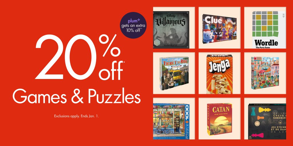 Indigo_Barrie's tweet photo. Nothing says the holidays like good ol’ family #game night. 🎲 Save up to 20% on winning games and #puzzles during the #GoodStuffSale. 
plum+ get an extra 10% off. 🙌
Visit us in store to score deals that don’t happen often. 🎉 https://t.co/MXjhfrHZZJ

#IndigoBooks #BoxingDaySale https://t.co/OEe65QnvM3