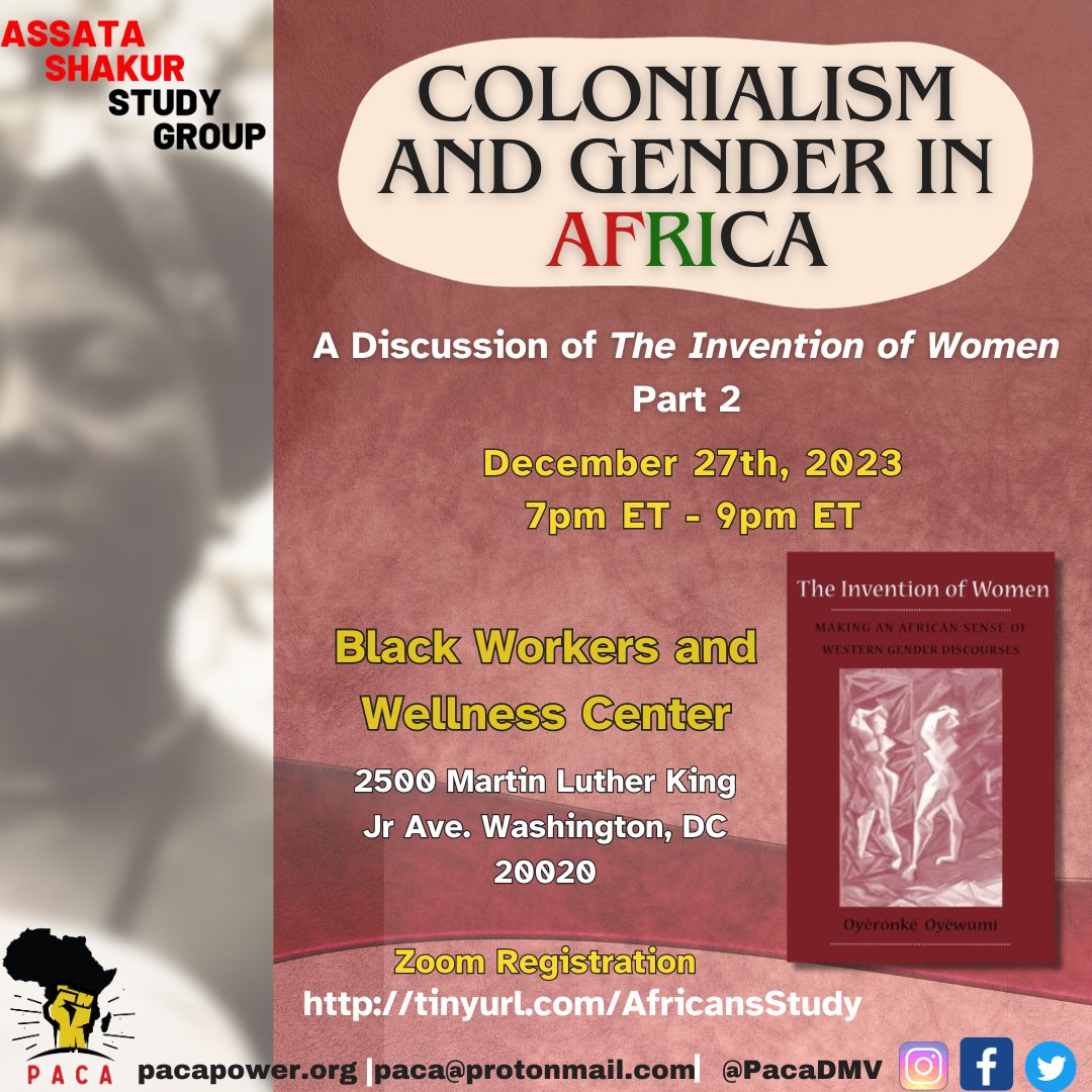 Tomorrow! Join us for Part 2 of our discussion of The Invention of Women. Address is on the flier for those who are local to the DMV (please wear a mask and do not come if you are sick) Link in the next tweet for folks who are out of state ✊🏿