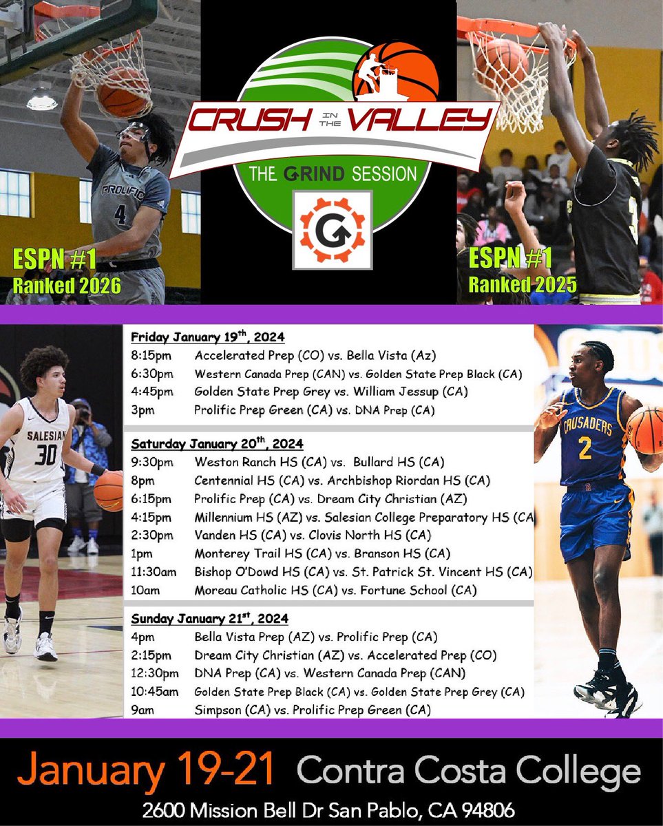 The 9th Annual Crush in Valley Basketball Showcase is back and will be held January 19th - 21st at Contra Costa College in San Pablo, CA in the Bay Area. A loaded field once again with NorCal Teams + West Coast teams. Come out for some great High School Basketball. @Con_Chron