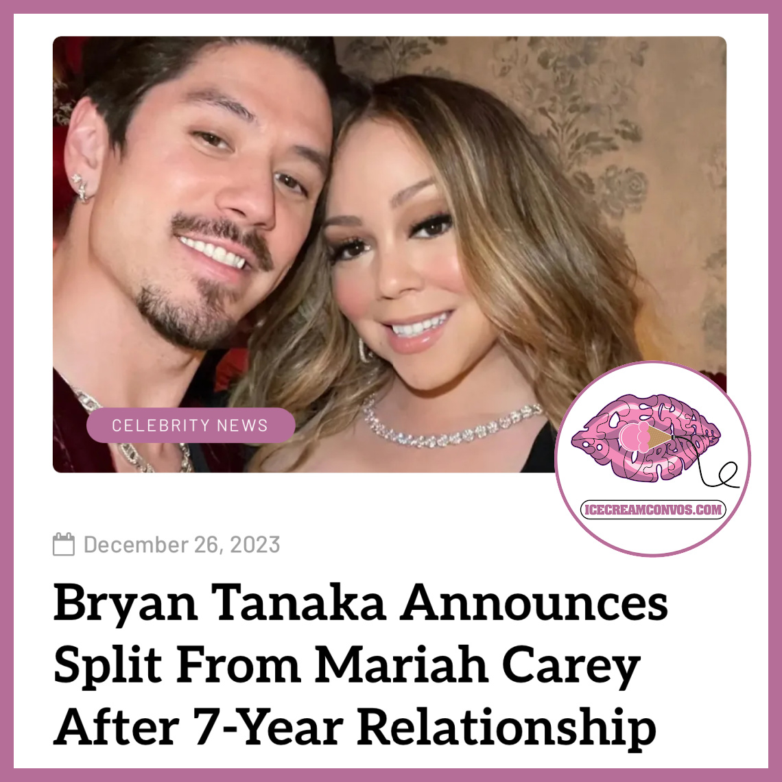 MsXaviB's tweet image. Bryan Tanaka released a statement the day after Christmas to announce he and Mariah Carey have ended their 7-year relationship. 📝💔🍦 bit.ly/3twuEsF

Godspeed, Bryan.

#BryanTanaka #MariahCarey #BreakUps #ForTheRecord #IceCreamConvos