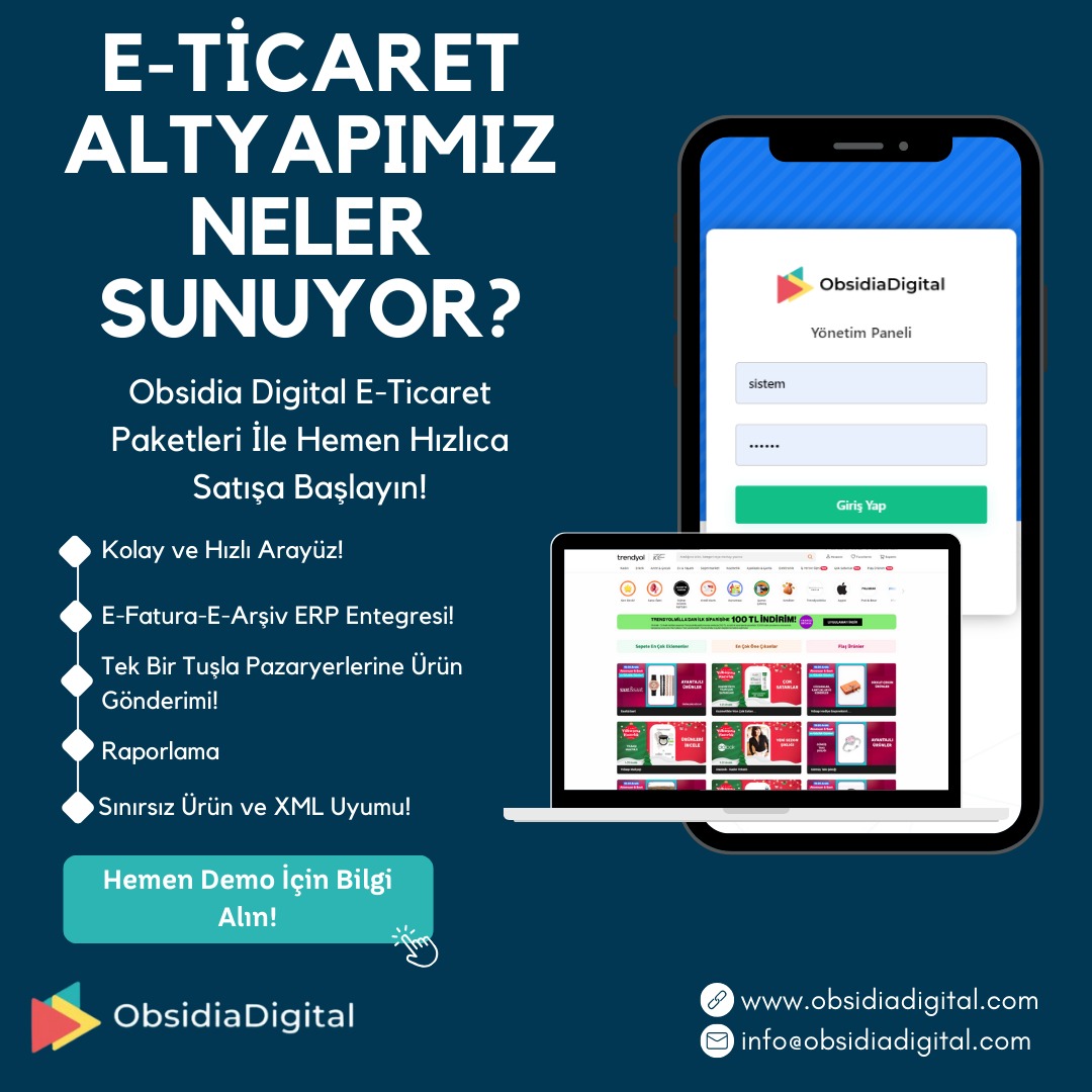 Hemen E-ticaret Mağazanızı Açın Satışa Başlayın!

obsidiadigital.com

#eticaret #Turkiye #trendyol #n11 #ciceksepeti #hepsiburadasatici #obsidiadigital