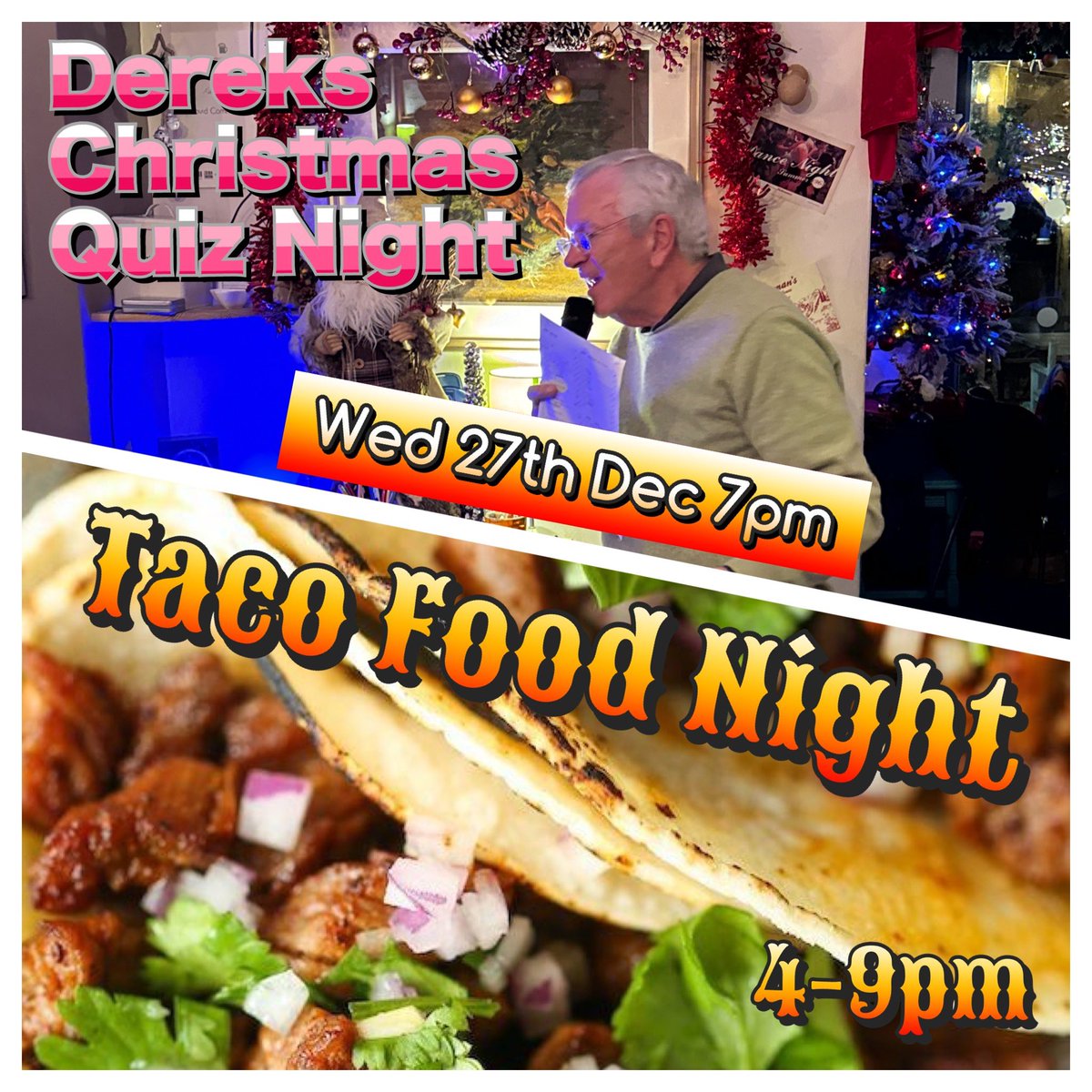 thewonstonarms's tweet photo. Derek’s big Christmas quiz is all set for 7 pm Wednesday 27th Dec
A great fun filled evening &amp; Darren is with us popping up with his pop-up Food Truck and it’s an evening of tacos to tempt our tastebuds is the menuand the quiz starts at 7 pm the food starts from 4 pm #pubquuz https://t.co/VONxfJ7aZI