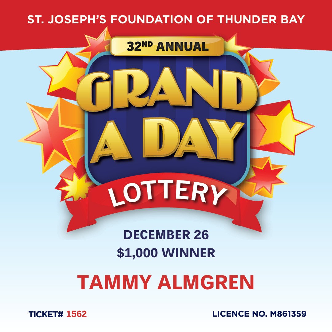 SJFTB's tweet photo. Congratulations to the December 26th Grand a Day winner...Tammy Almgren!
Ticket #1562 https://t.co/Ud8Njeebu7