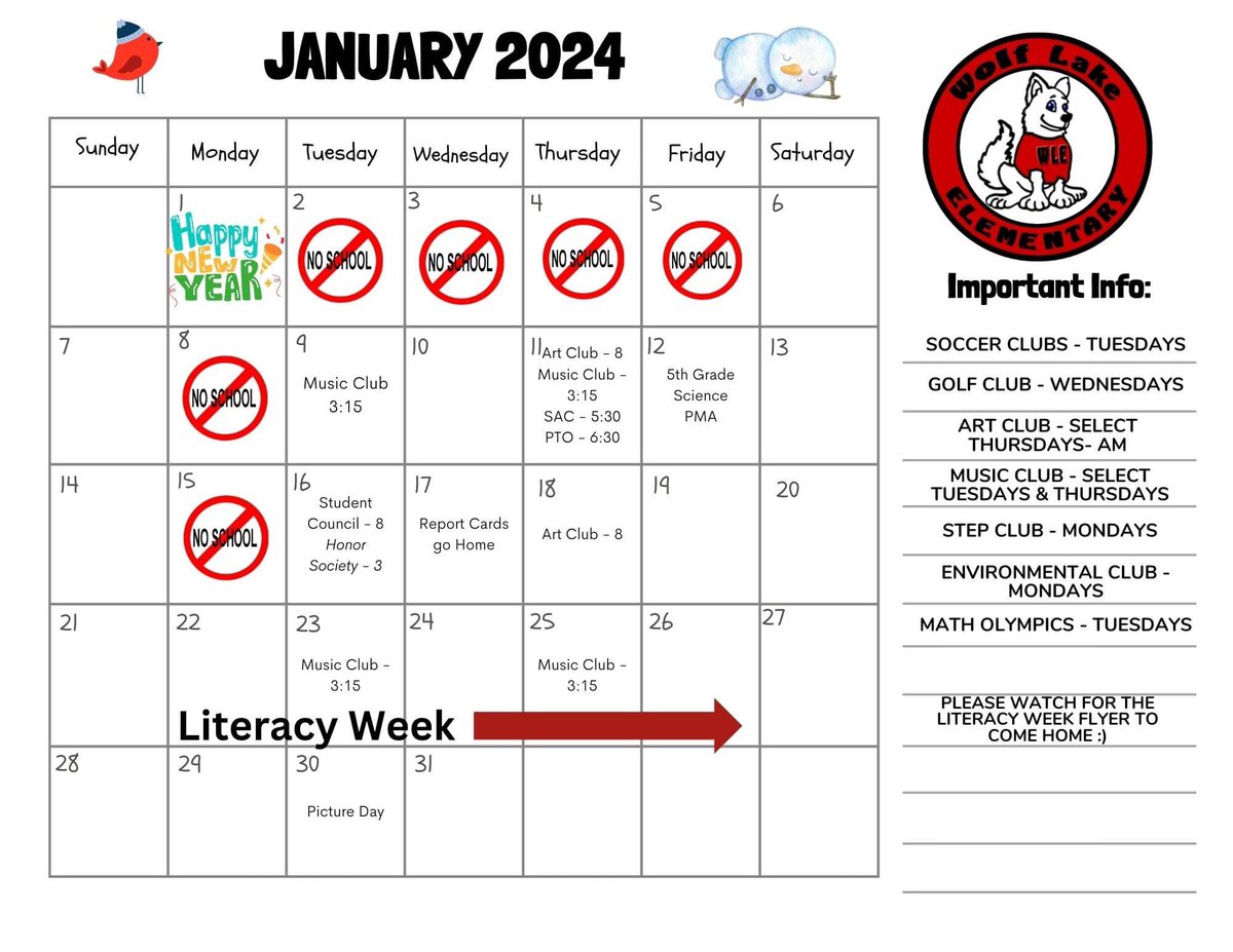 Check out our January calendar. Enjoy your break and we will see you on January 9th Wolf Pups. 🖤🐺❤️