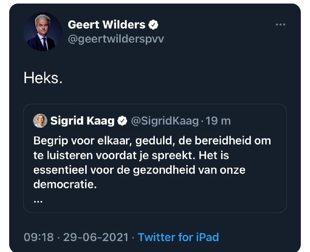 Het is tekenend voor de aanhang van #Wilders dat ze weer wegkijkt voor de stelselmatige hetze die hij heeft gevoerd tegen Sigrid #Kaag. Tweets als deze👇waren geen unicum. Ze getuigen van disrespect, zijn opruiend en zetten de deur open voor het ontmenselijken van een politica.