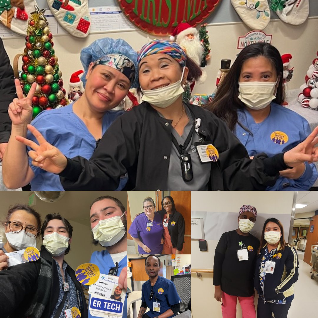 🎵 Deck the halls with union stickers 🎄 At St. Joseph Medical Center in Tacoma, we took action & donned stickers calling on management to #InvestInUs! As bargaining continues, we’re holding strong in our proposals for staffing, safety, & a St. Joe’s where we ALL feel we belong.