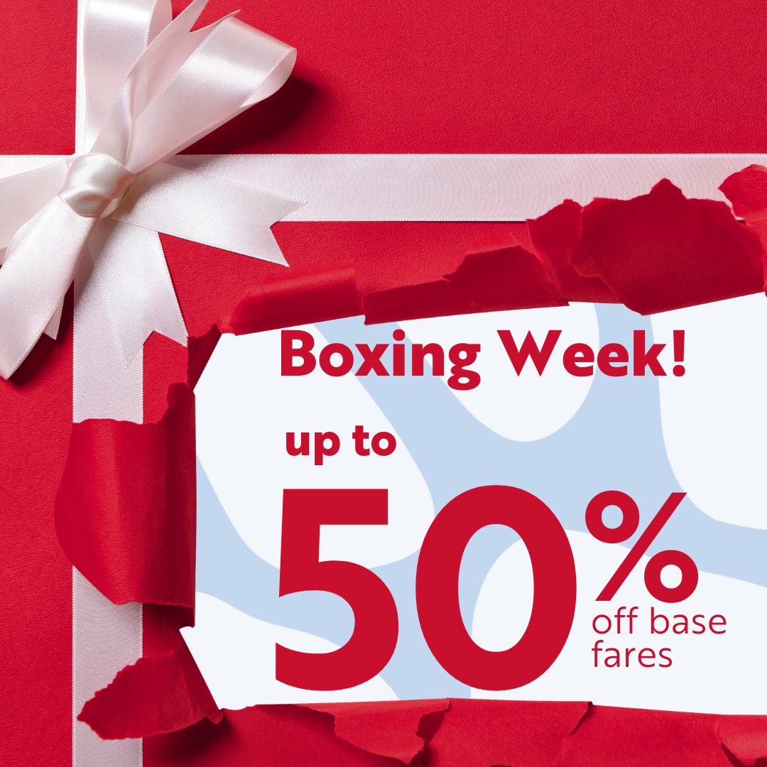 Time to gift yourself a trip with our Boxing Week Sale. Book before midnight on the 28th and save up to 50% OFF base fares on flights from January 10 to the end of March. Use code: BOXING at FlyLynx.com.