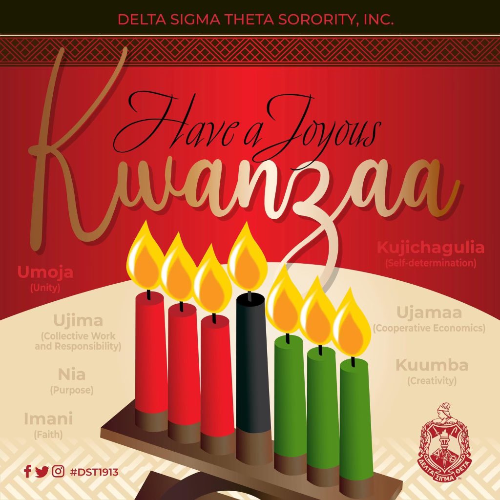 Wishing a joyous Kwanzaa from the #ChicagoDeltas to our sorors, friends, and partners! Let us draw near to the principles of Umoja, Kujichagulia, Ujima, Ujamaa, Nia, Kuumba, and Imani as we celebrate our rich heritage. 
#DST1913 #CACStyle