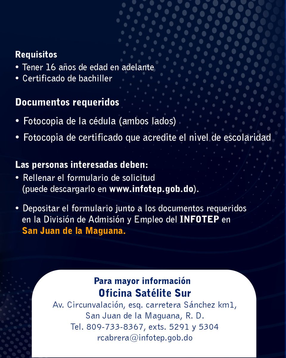 InfotepRD's tweet image. ¡CUPO DISPONIBLE!

📍San Juan de la Maguana

¡Te esperamos!

Para mayor información debe comunicarse a nuestra Oficina Satélite Sur, ubicada en la Av. Circunvalación, esq. Carretera Sánchez Km 1, provincia San Juan.

☎️ 809-733-8367, exts. 5291 y 5304.

#CapacitarEsProgresar